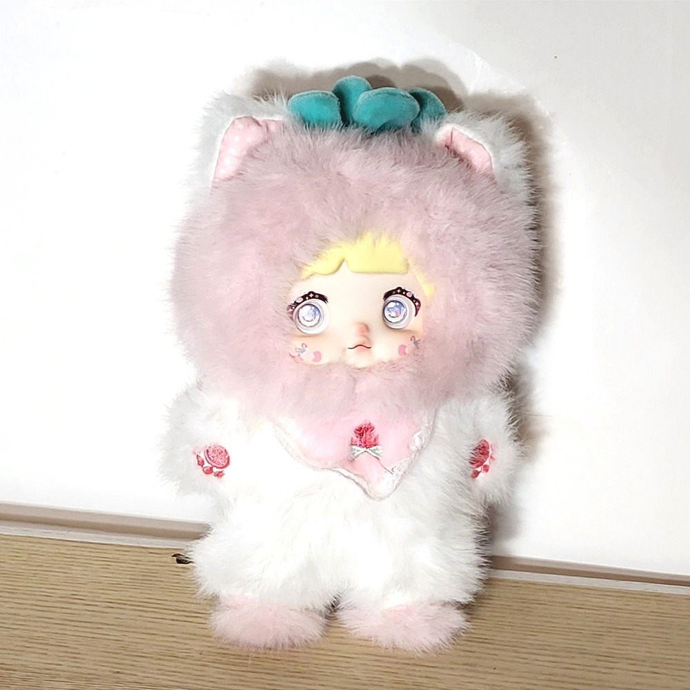 Nommi Plush Doll Pink White Faux Fur Vinyl Face Eye Change Collectible Toy 8in